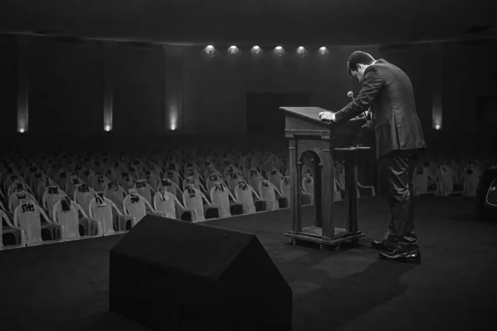 Pastor diante de uma igreja vazia, refletindo sobre a perda de vigor da comunidade