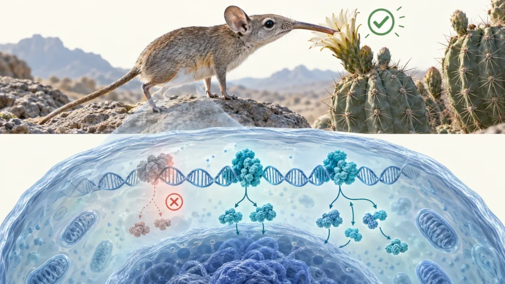 Organismo obtendo uma vantagem ambiental enquanto uma via molecular interna aparece reduzida ou desligada.