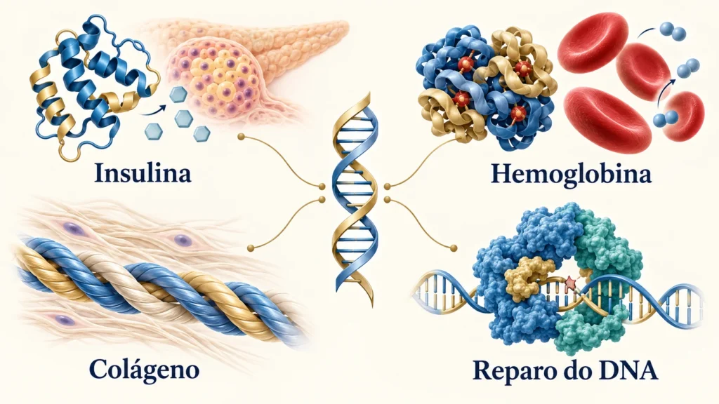 DNA ao centro ligado a quatro exemplos de suas instruções: insulina, hemoglobina, colágeno e reparo do DNA.
