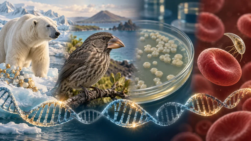 Urso-polar, tentilhão, colônia de bactérias E. coli e hemácias diante do parasita da malária conectados por uma fita de DNA.