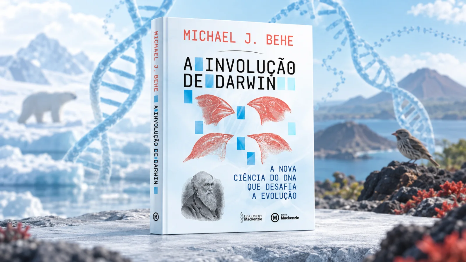 Mockup da edição brasileira de A involução de Darwin diante de DNA, urso-polar e tentilhão.