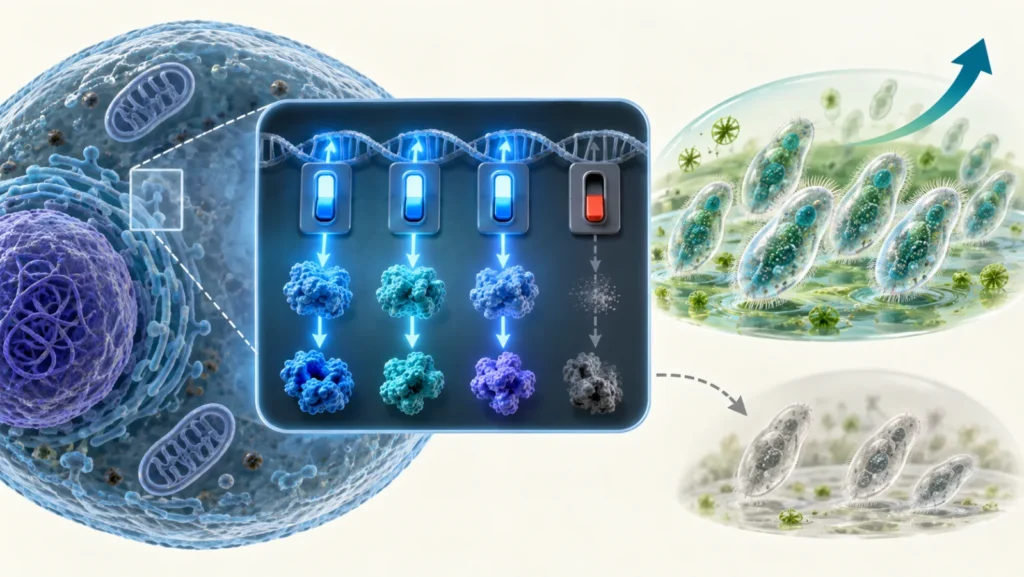 Mecanismo molecular sendo desligado enquanto uma população de organismos cresce melhor em um ambiente específico.