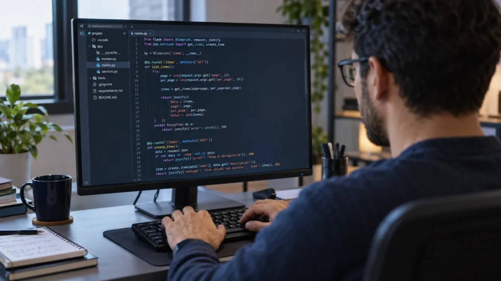 Programador escrevendo código no computador, organizando instruções para executar funções.