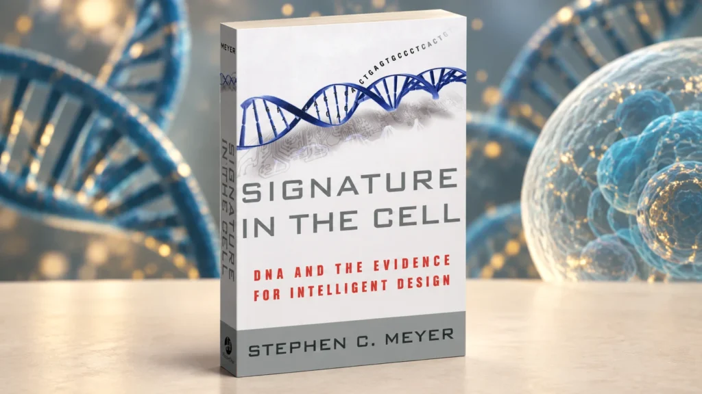 Mockup de Signature in the Cell, de Stephen C. Meyer, sobre fundo ilustrado com DNA e uma célula.