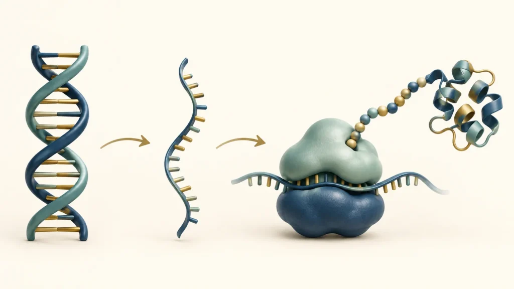 Esquema conceitual da passagem de informação do DNA ao RNA e da leitura do RNA por um ribossomo para produzir uma proteína.