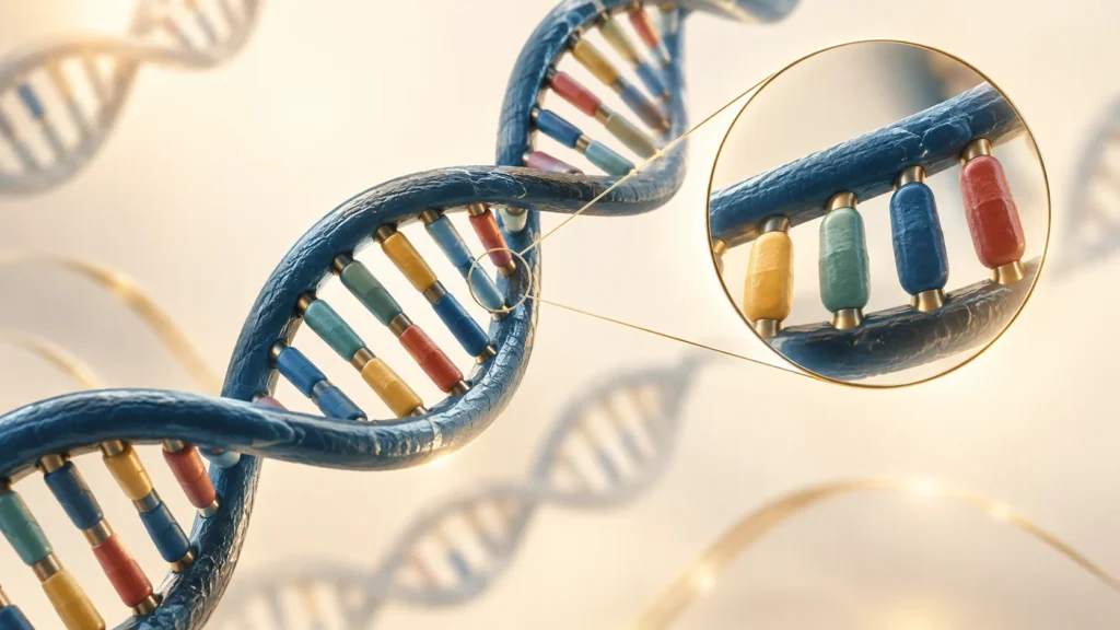 Ilustração de uma dupla hélice de DNA com um trecho ampliado para destacar a sequência de suas bases.