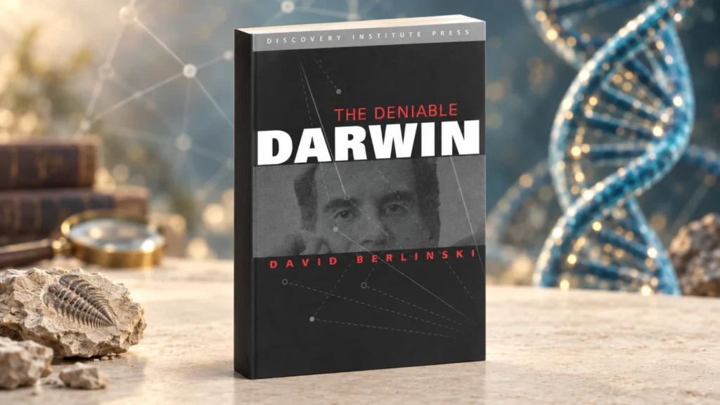 Mockup de The Deniable Darwin, de David Berlinski, em pé sobre uma mesa, com fóssil à esquerda, DNA à direita e formas geométricas ao fundo.